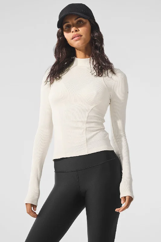 High-Cut Yoga Tops for Women -Ribbed Mesmerize Mock Neck Long Sleeve - Ivory