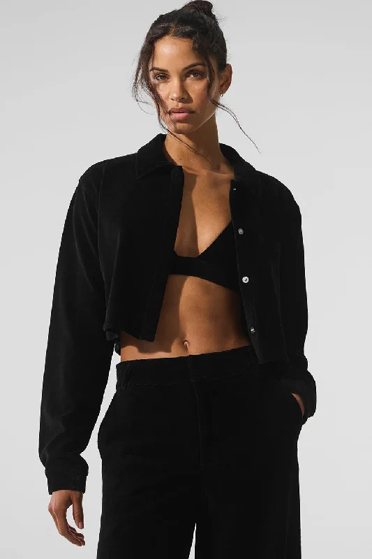 Yoga Tops for Warm-Up and Flexibility -Micro Corduroy Cropped Dreamer Button Down - Black Yoga Tops for Warm-Up and Flexibility -Micro Corduroy Cropped Dreamer Button Down - Black