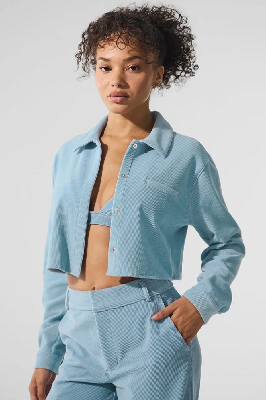 Women's Yoga Tops with Breathable Material -Micro Corduroy Cropped Dreamer Button Down - Celestial Blue Women's Yoga Tops with Breathable Material -Micro Corduroy Cropped Dreamer Button Down - Celestial Blue