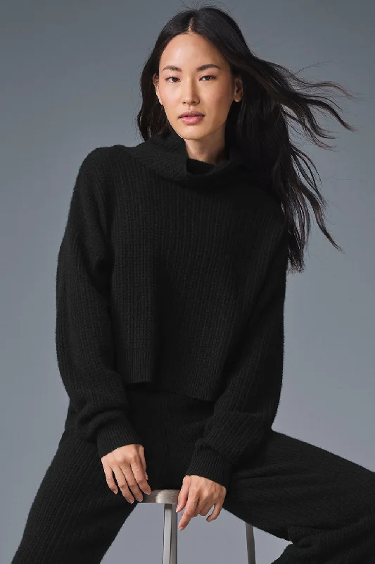Women's Yoga Tops with Open Back -Cashmere Plush Waffle Turtleneck Pullover - Black