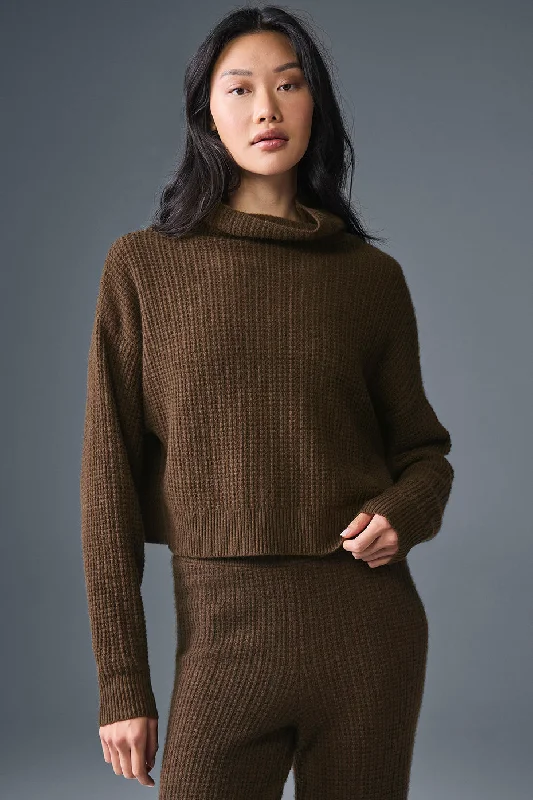 Yoga Tops for Power and Flexibility -Cashmere Plush Waffle Turtleneck Pullover - Espresso Yoga Tops for Power and Flexibility -Cashmere Plush Waffle Turtleneck Pullover - Espresso
