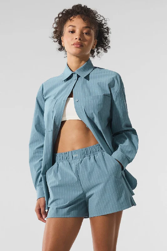 Yoga Tops for Comfort and Mobility -Pinstripe Daylight Button Down Long Sleeve - Dark Celestial Blue/White