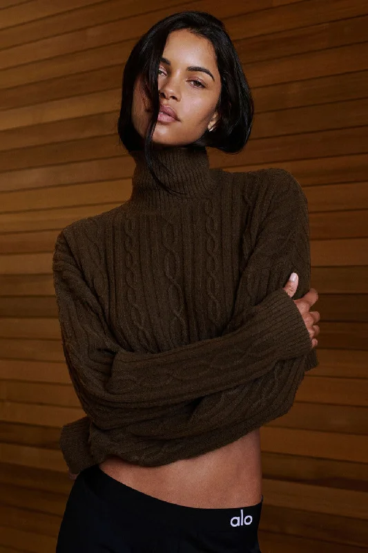 Yoga Tops for Flexibility and Ease -Cable Knit Cropped Winter Bliss Turtleneck Long Sleeve - Espresso Yoga Tops for Flexibility and Ease -Cable Knit Cropped Winter Bliss Turtleneck Long Sleeve - Espresso