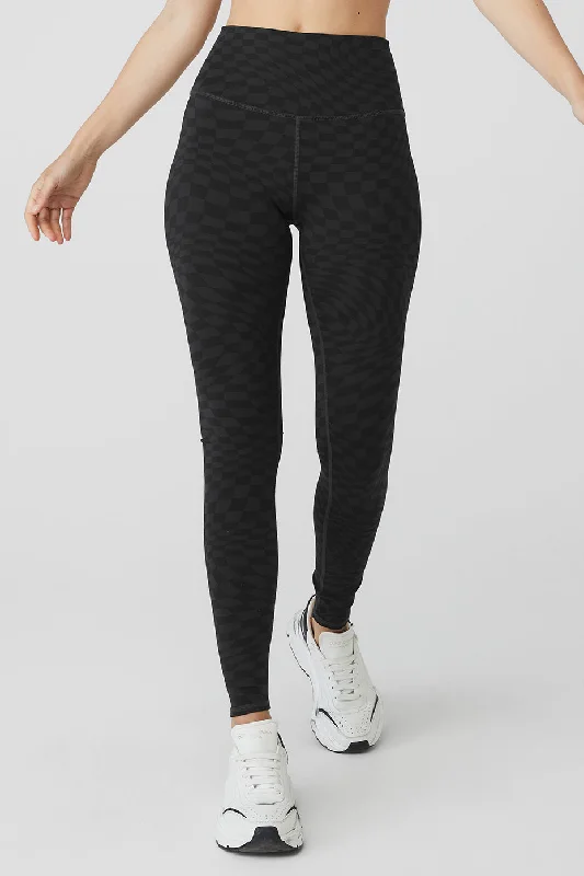 Fitted Yoga Pants for Women -Jacquard High-Waist Checkered Legging - Black/Anthracite