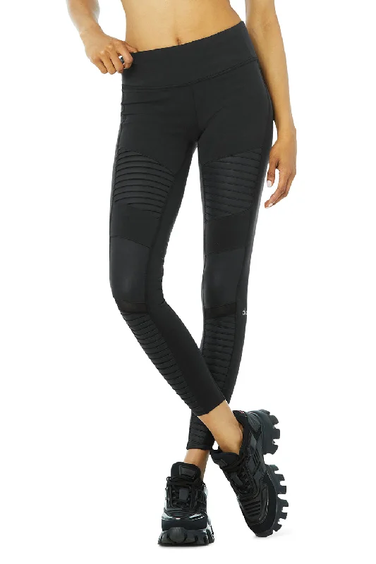 Comfortable Yoga Pants -Moto Legging - Black/Black Glossy