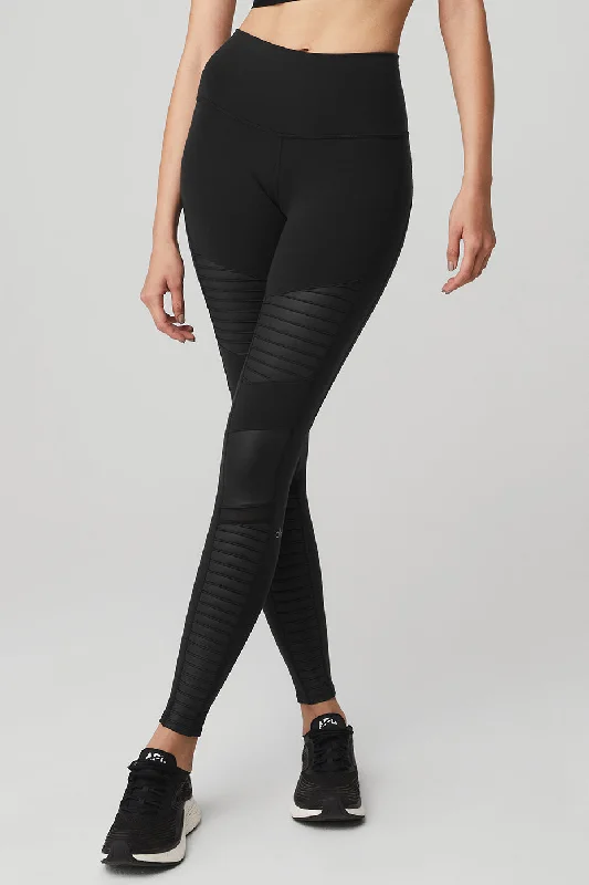 Flattering Yoga Pants for Women -High-Waist Moto Legging - Black/Black Glossy