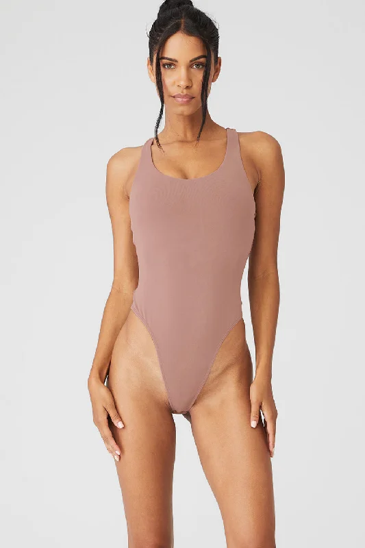 Yoga Tops for Warm Yoga Classes -Sleek Back Bodysuit - Smoky Quartz