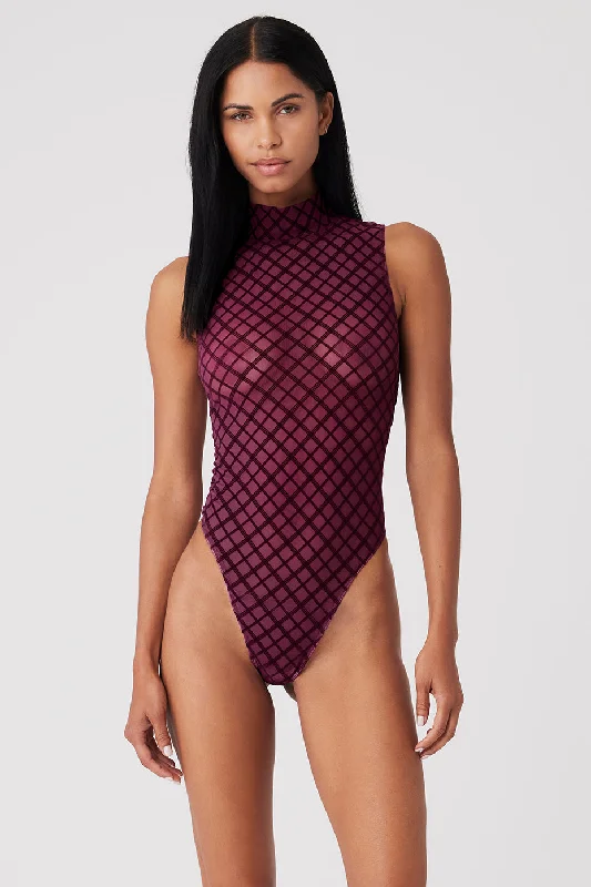 Stylish Yoga Tops for Training and Classes -Mesh Plaid Mock Neck Bodysuit - Wild Berry Stylish Yoga Tops for Training and Classes -Mesh Plaid Mock Neck Bodysuit - Wild Berry