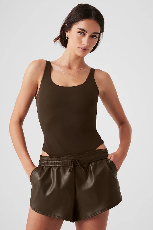 Women's Yoga Tops with Performance Features -Mesh Sheer Illusion Bodysuit - Espresso