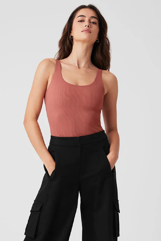 Yoga Tops for Everyday Yoga -Mesh Sheer Illusion Bodysuit - Soft Terracotta