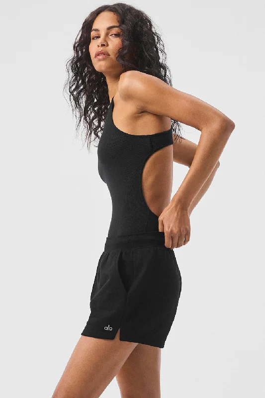 Performance Yoga Tops for Relaxation -Ribbed Half-Court Bodysuit - Black