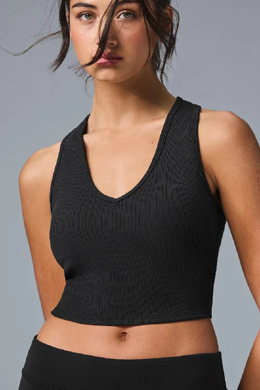 Yoga Tops for Flexibility and Easy Poses -Goddess Ribbed Cropped Racerback Tank - Black Yoga Tops for Flexibility and Easy Poses -Goddess Ribbed Cropped Racerback Tank - Black