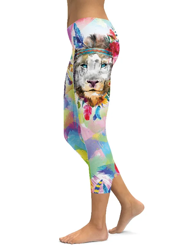 Yoga Pants for Flexibility and Comfort -Watercolor Colorful Lion Capris