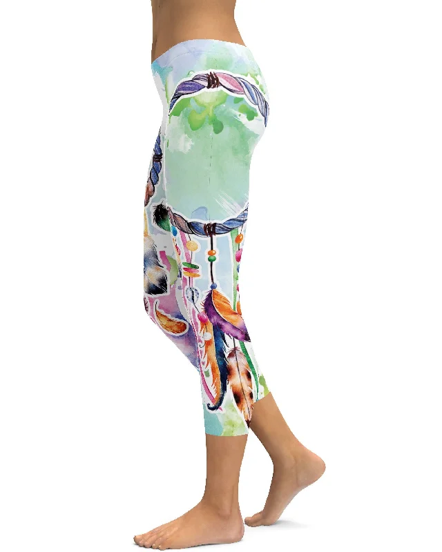 Full-Waisted Yoga Pants for Support -Watercolor Dreamcatcher Capris