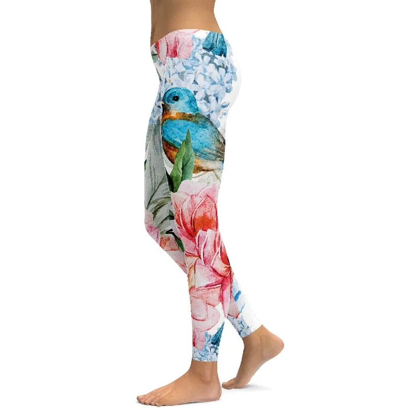 Stylish Yoga Pants with Pockets -Watercolor Flowers and Birds Leggings