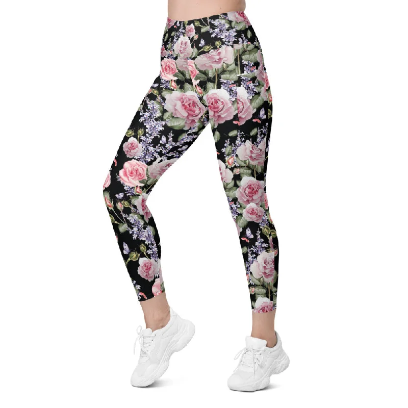 Tight Fit Yoga Pants for Better Support -Watercolor Roses & Lavender Leggings with Pockets