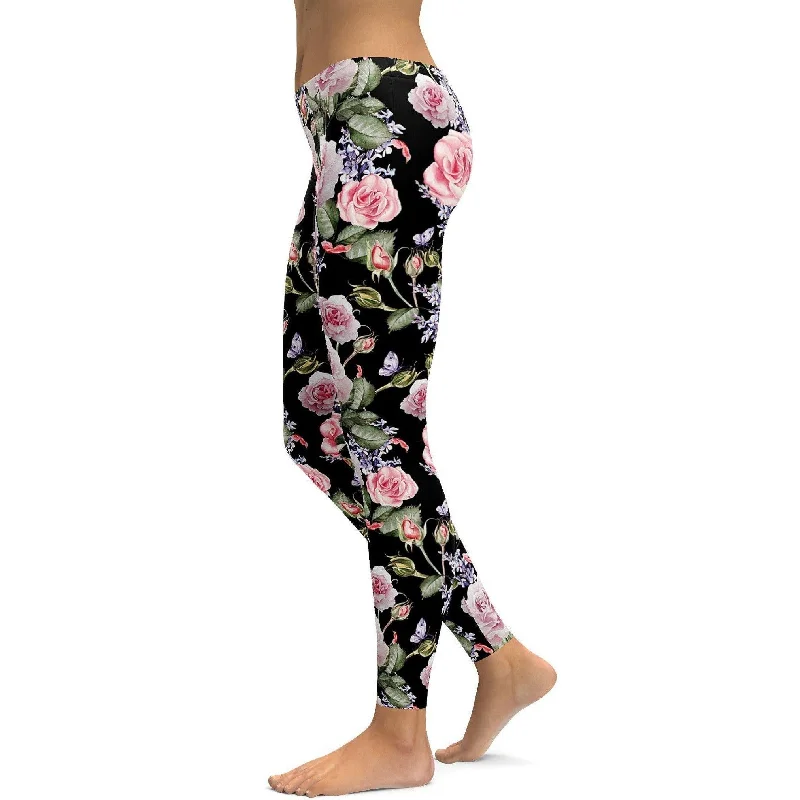 Full-Waisted Yoga Pants for Support -Watercolor Roses & Lavender Leggings
