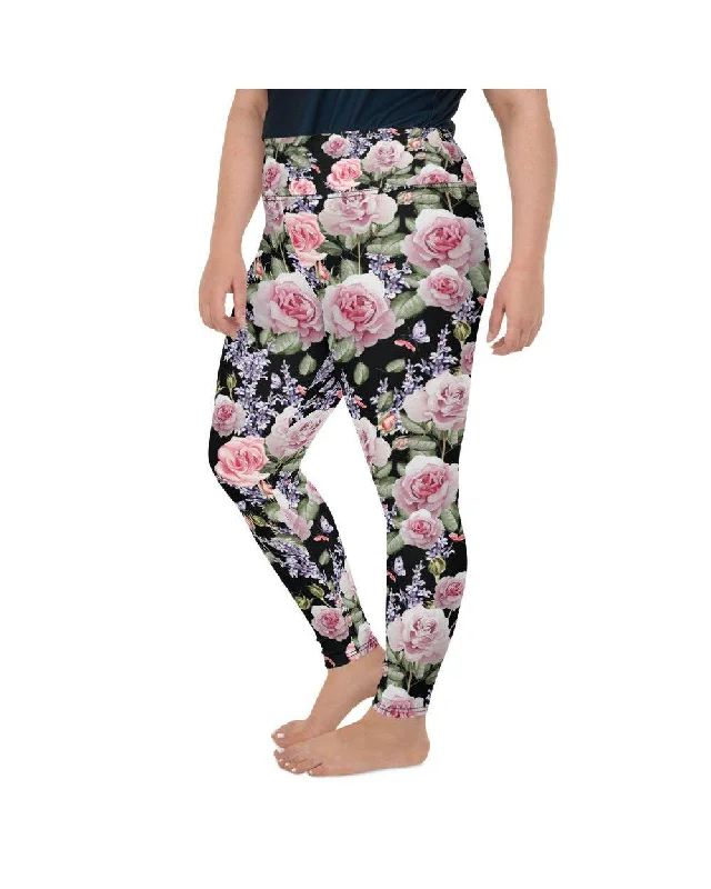 Full-Length Yoga Pants -Watercolor Roses & Lavender Plus Size Leggings
