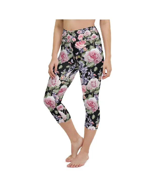 Yoga Pants for Sculpting -Watercolor Roses & Lavender Yoga Capris