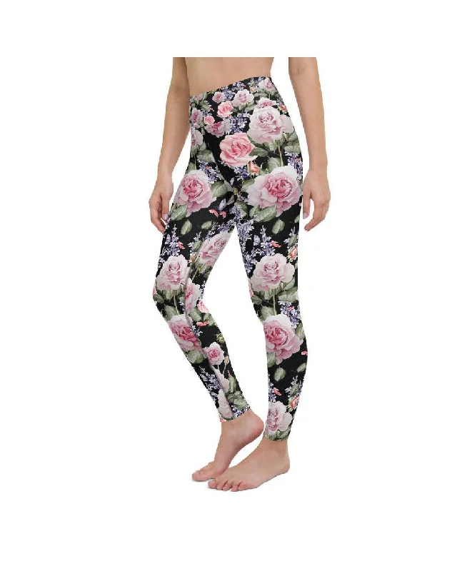 Yoga Pants for Long Workouts -Watercolor Roses & Lavender Yoga Pants