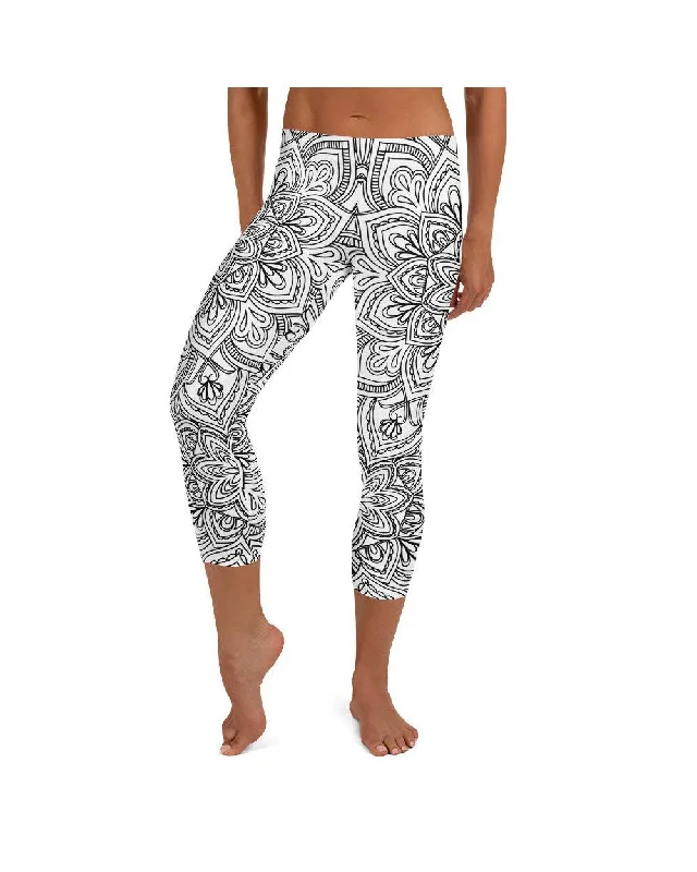 Yoga Pants for Fitness and Recovery -White & Black Mandala Capris