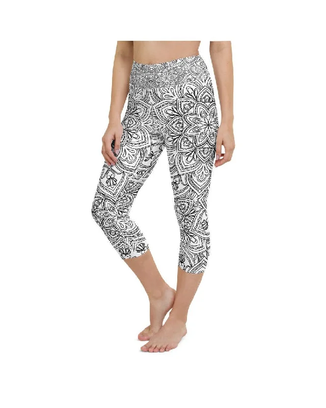 Yoga Pants for Deep Flexibility -White & Black Mandala Yoga Capris