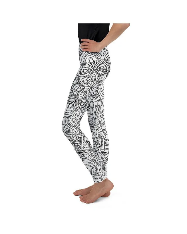 Premium Yoga Pants for Daily Practice -White & Black Mandala Youth Leggings