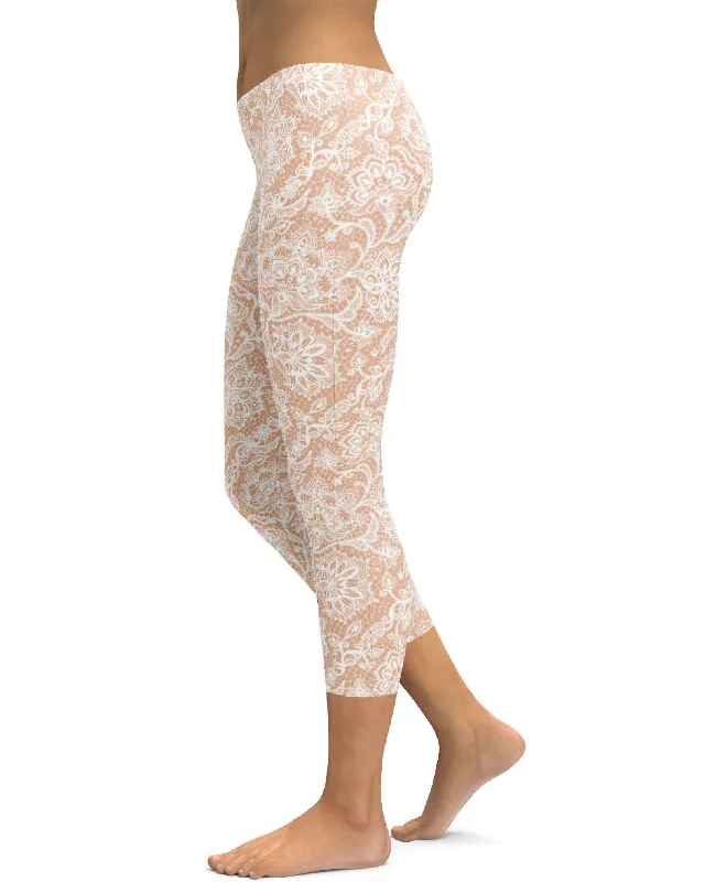 Yoga Pants for Performance and Style -White Faux Lace Capris