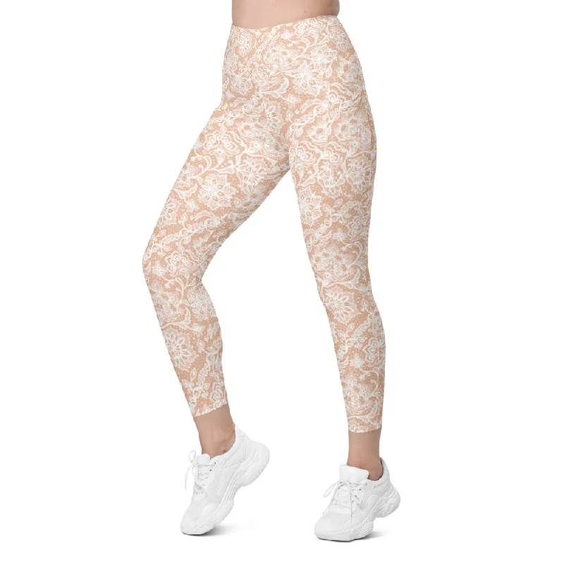 Soft Yoga Pants for Restorative Yoga -White Faux Lace Leggings with Pockets