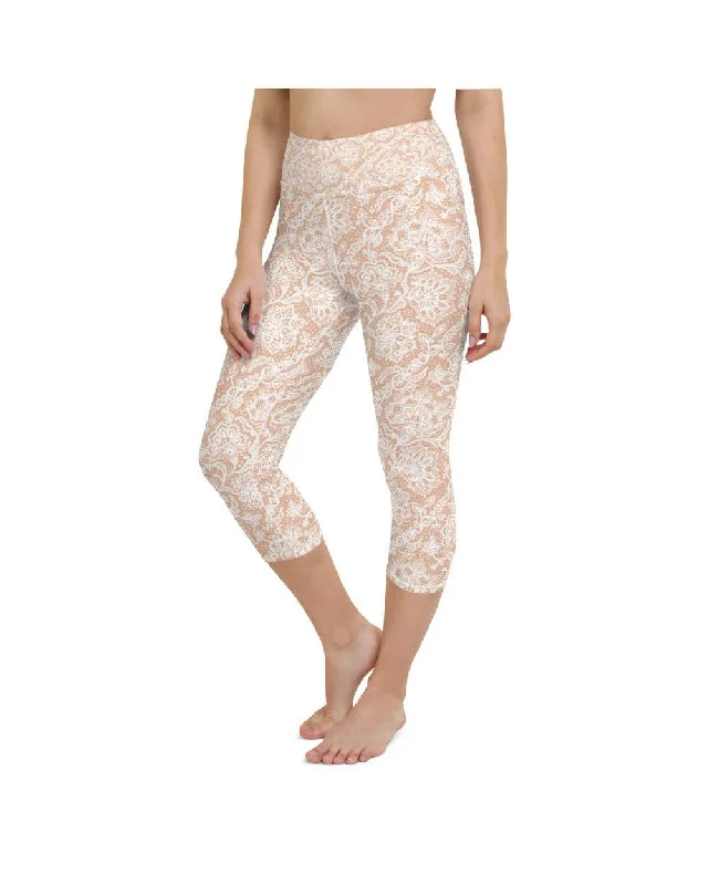 Yoga Pants with Seamless Waistband -White Faux Lace Yoga Capris