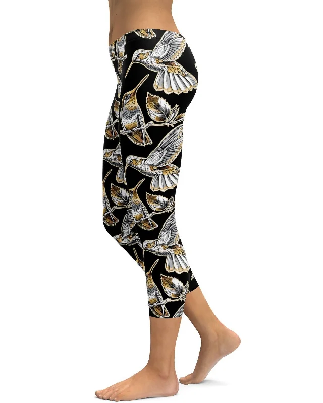 Women's Premium Yoga Pants -White&Gold Hummingbird Capris