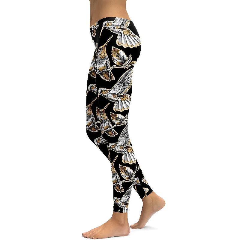 Yoga Pants for Intense Flexibility Practice -White&Gold Hummingbird Leggings