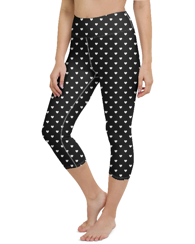 Yoga Pants for Intense Yoga Sessions -White Mini Hearts Black Yoga Capris