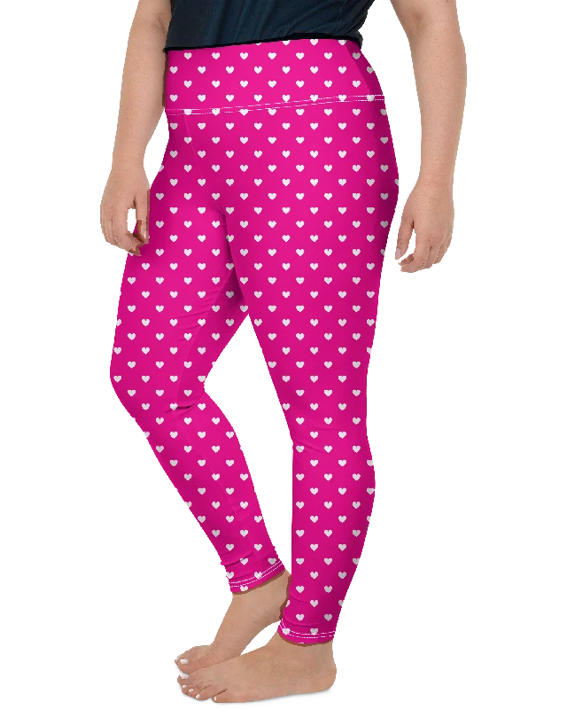 Yoga Pants with Adjustable Waist -White Mini Hearts Pink Plus Size Leggings