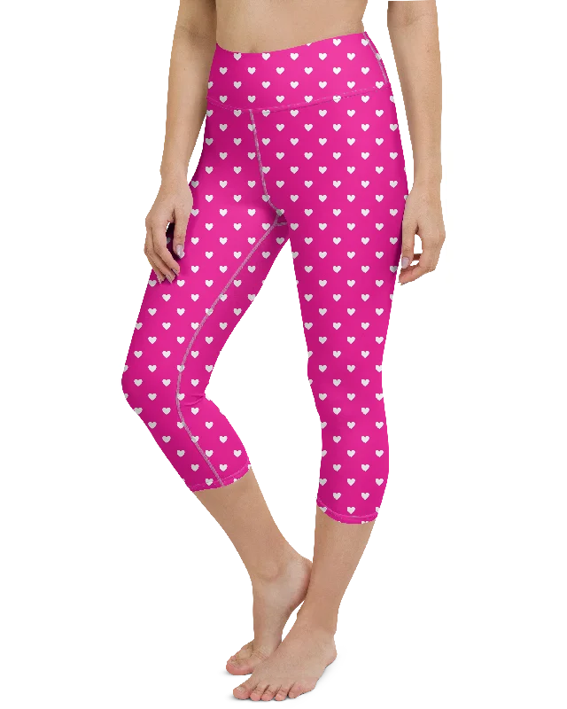 Full-Waisted Yoga Pants for Support -White Mini Hearts Pink Yoga Capris
