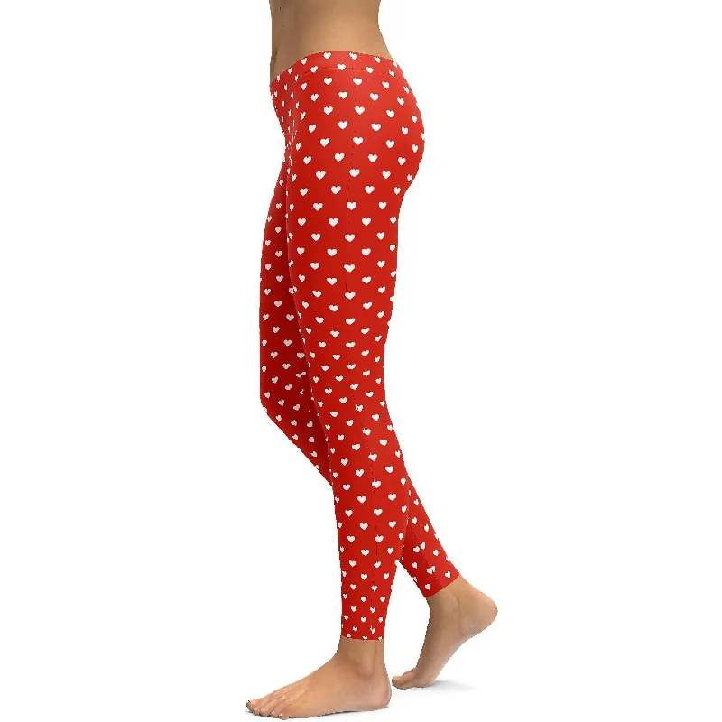 Yoga Pants for Daily Stretching -White Mini Hearts Red Leggings