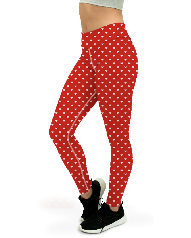 High-Waisted Yoga Pants for Support -White Mini Hearts Red Yoga Pants