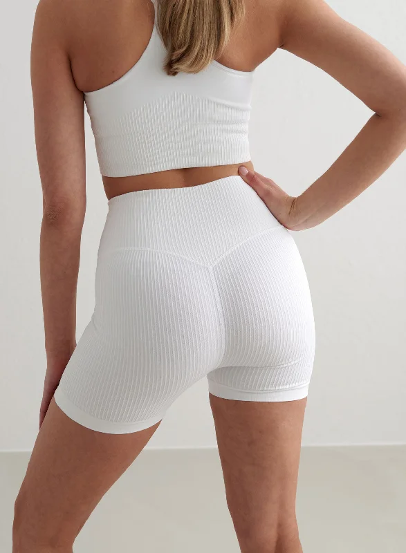 Women's Yoga Shorts for Increased Flexibility -White Ribbed Midi Biker Shorts