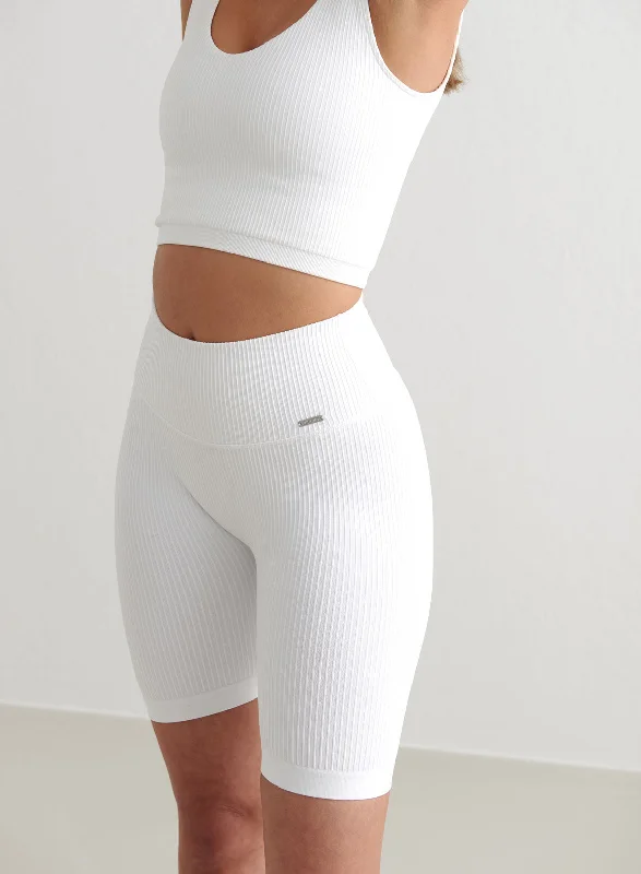 Breathable Yoga Shorts for Everyday -White Ribbed Seamless Biker Shorts