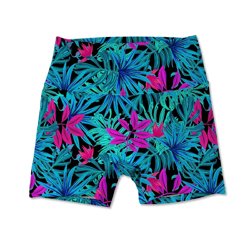 Yoga Shorts for Performance and Endurance -Women's Active Shorts - Tropical Leaves