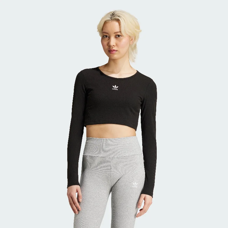 Yoga Tops for Flexibility in Yoga Class -Women's adidas Essentials Ribbed Crop Long Sleeve Tee Yoga Tops for Flexibility in Yoga Class -Women's adidas Essentials Ribbed Crop Long Sleeve Tee