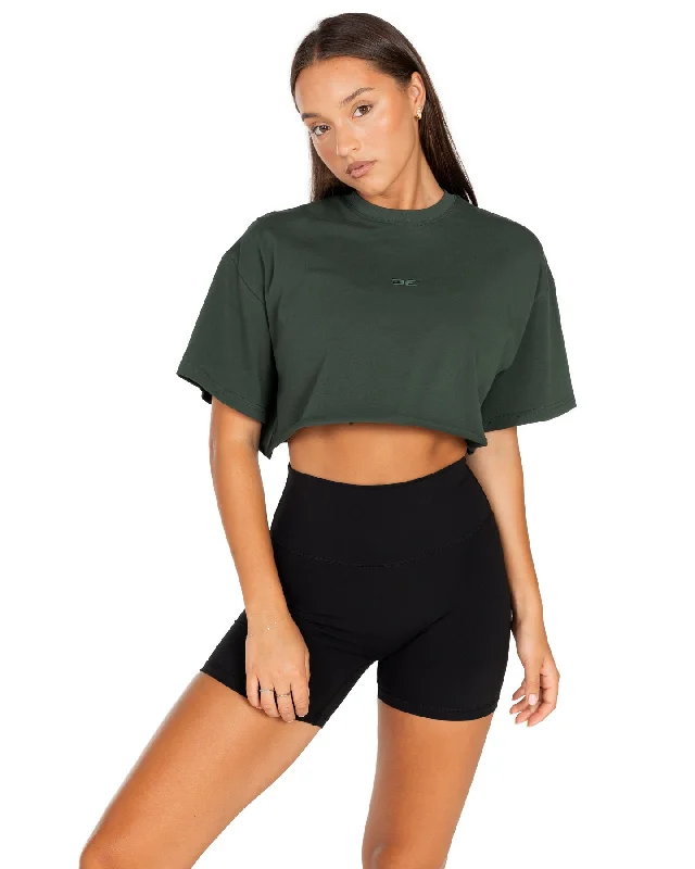 Yoga Tops with Stretchable Fabric for Movement -Women's Classic Cropped Tee - Dark Green