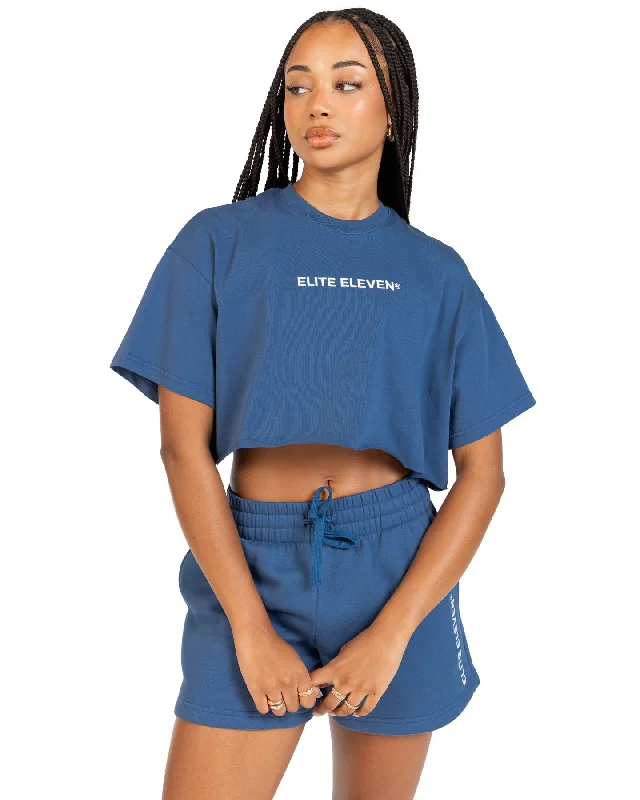 Yoga Tops with Relaxed Fit for Everyday Wear -Women's Cropped Registered Tee - Mid Blue