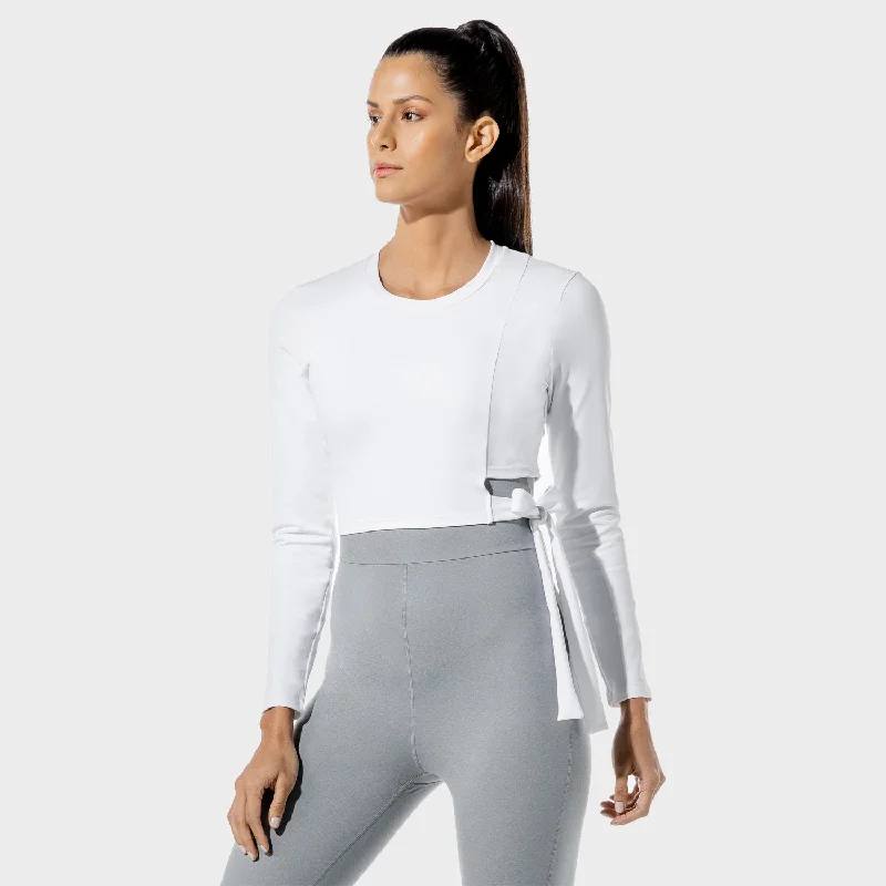 Women's Yoga Tops with Full Coverage -Women's Fitness - Tie Crop Top - Blanc De Blanc Women's Yoga Tops with Full Coverage -Women's Fitness - Tie Crop Top - Blanc De Blanc