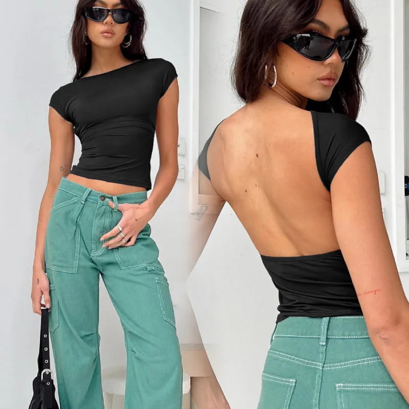 Yoga Tops for Strength Training and Poses -Y2K sexy backless nylon hygroscopic and perspirant comfortable breathable short-sleeved slim-fit top
