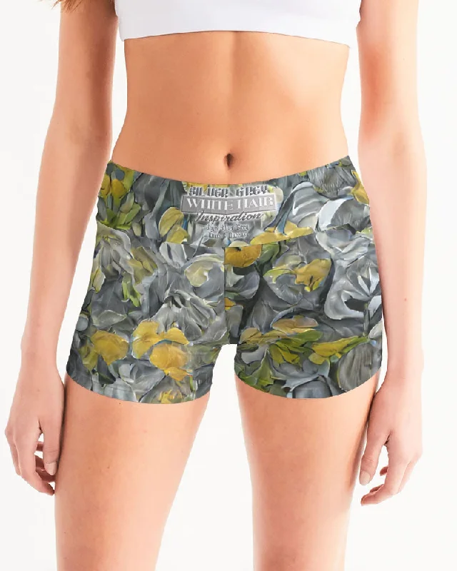 Yoga Shorts with Adjustable Fit -Yellow and grey abstract rose with high up title Women's Mid-Rise Yoga Shorts Yoga Shorts with Adjustable Fit -Yellow and grey abstract rose with high up title Women's Mid-Rise Yoga Shorts