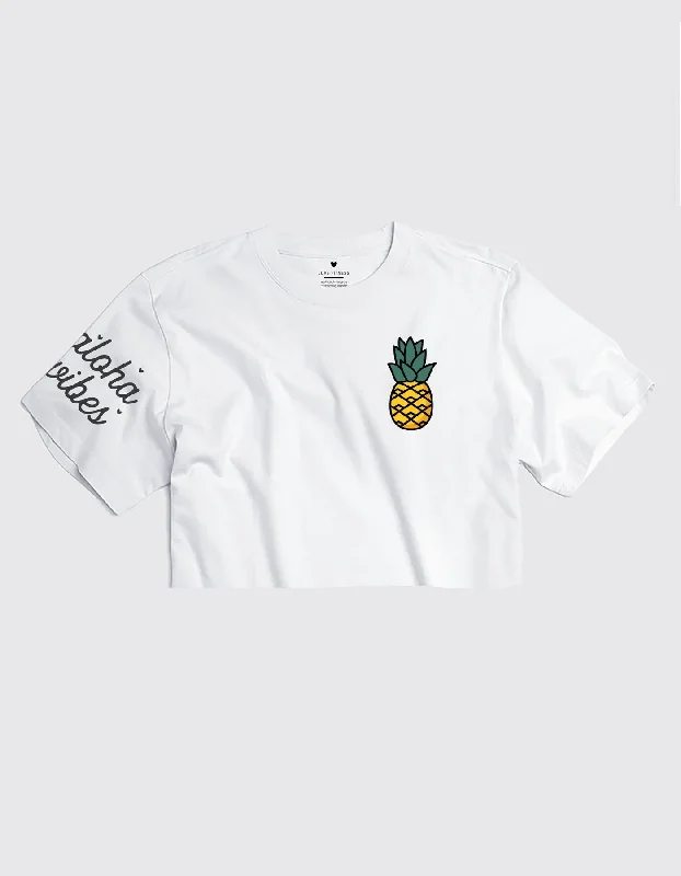 Yoga Tops for Flexibility and Strength Training -Yellow Pineapple Logo Crop Tee - White Yoga Tops for Flexibility and Strength Training -Yellow Pineapple Logo Crop Tee - White