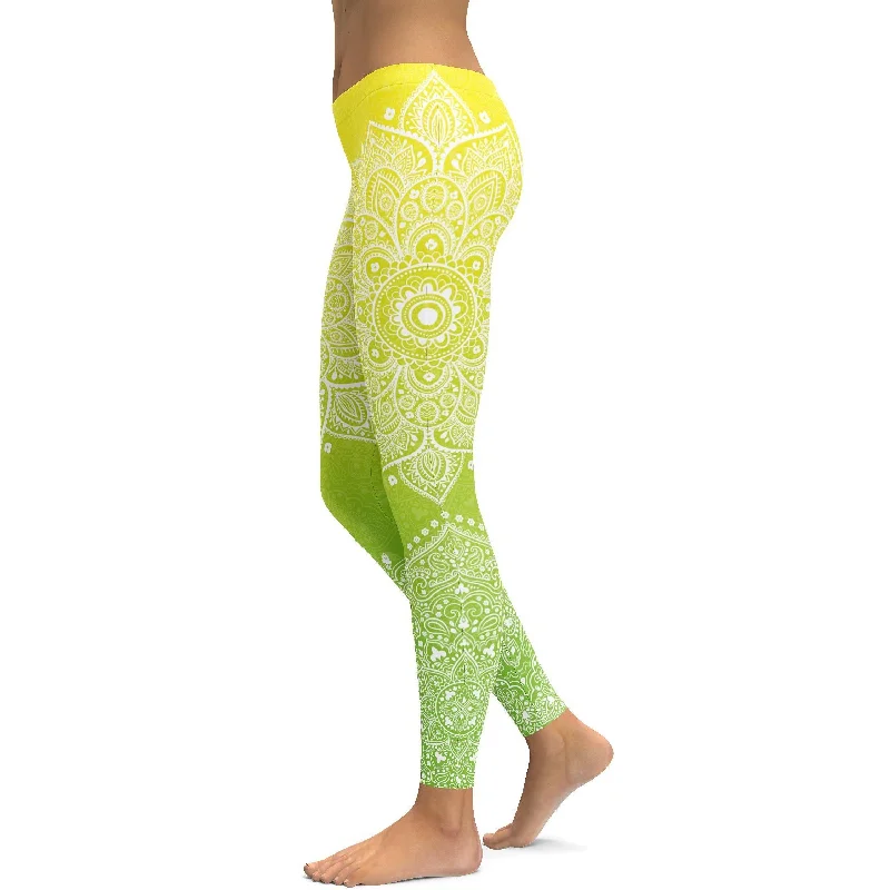 Full Waist Yoga Pants for Yoga -Yellow to Green Mandala Leggings
