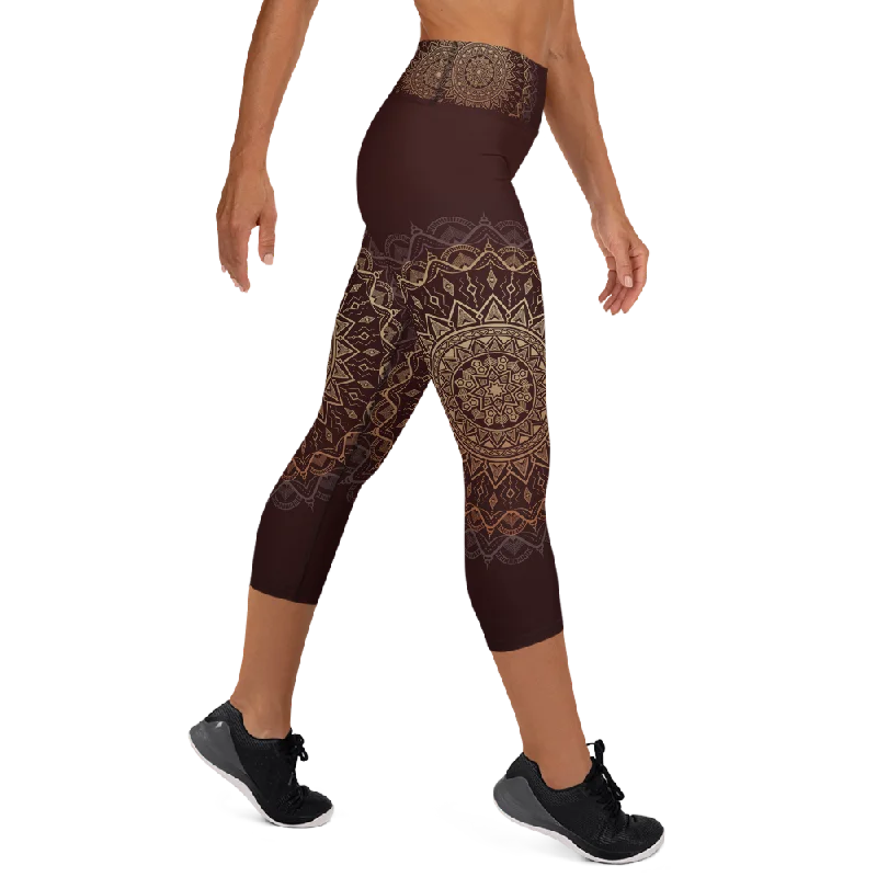 Plus Size Yoga Pants -Sandalwood Mandala High Waist Yoga Capri Leggings