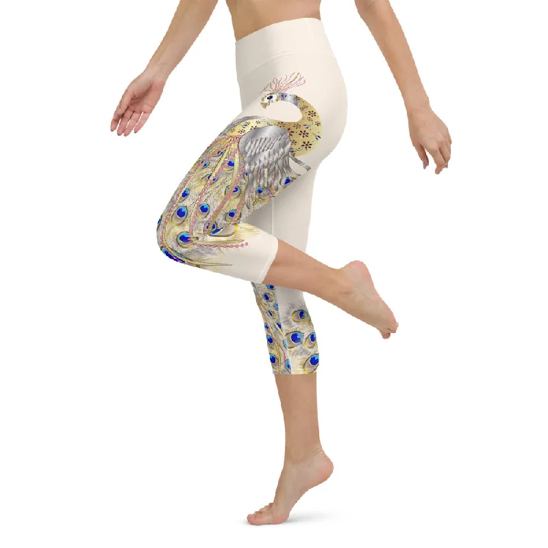Affordable Yoga Pants -Peacock Cream High Waist Yoga Capri Leggings